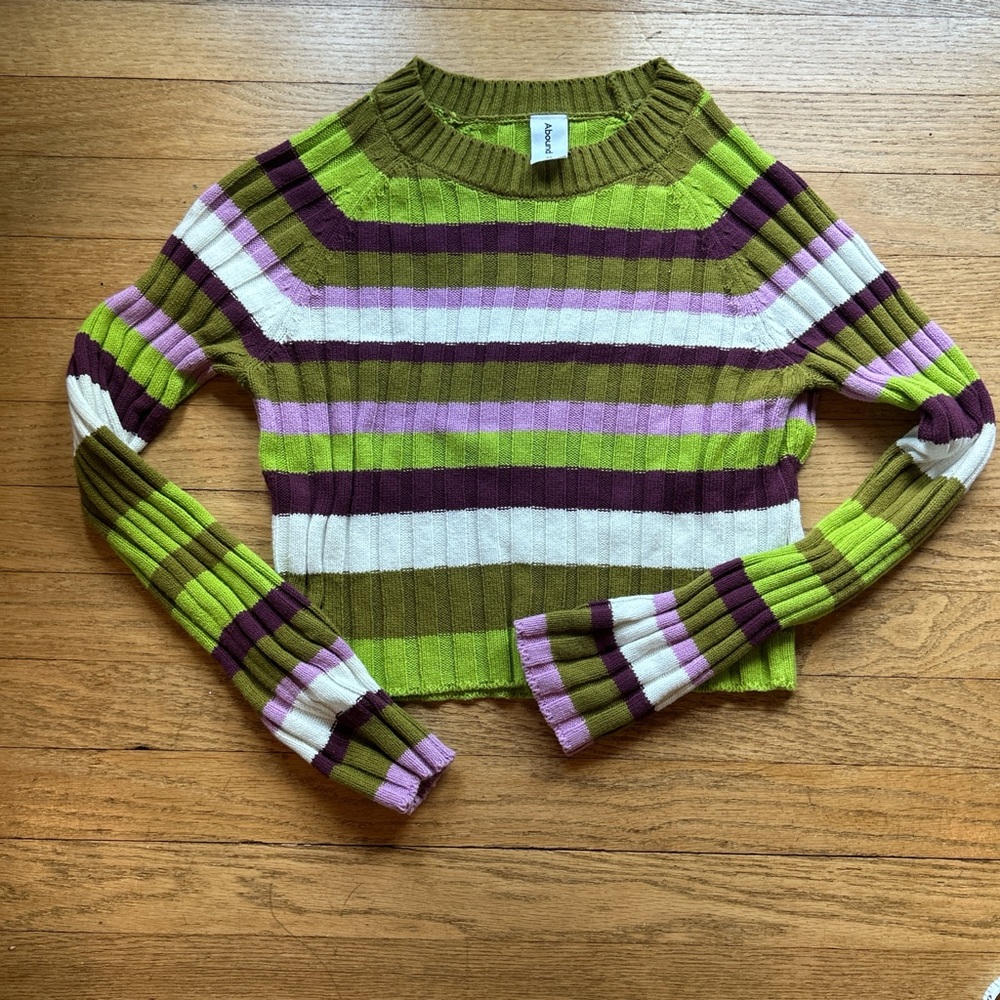 Abound Striped Ribbed Crop Sweater in Olive Green, Lavender & White